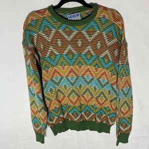 Vintage Gringos Green Orange Yellow Textured Knit Pullover Crew Neck Sweater L